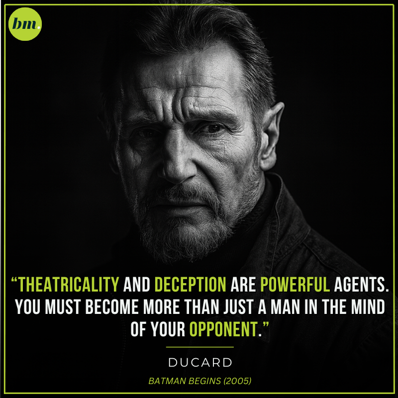 Ducard Batman Begins quote about theatricality and becoming more than a man.
